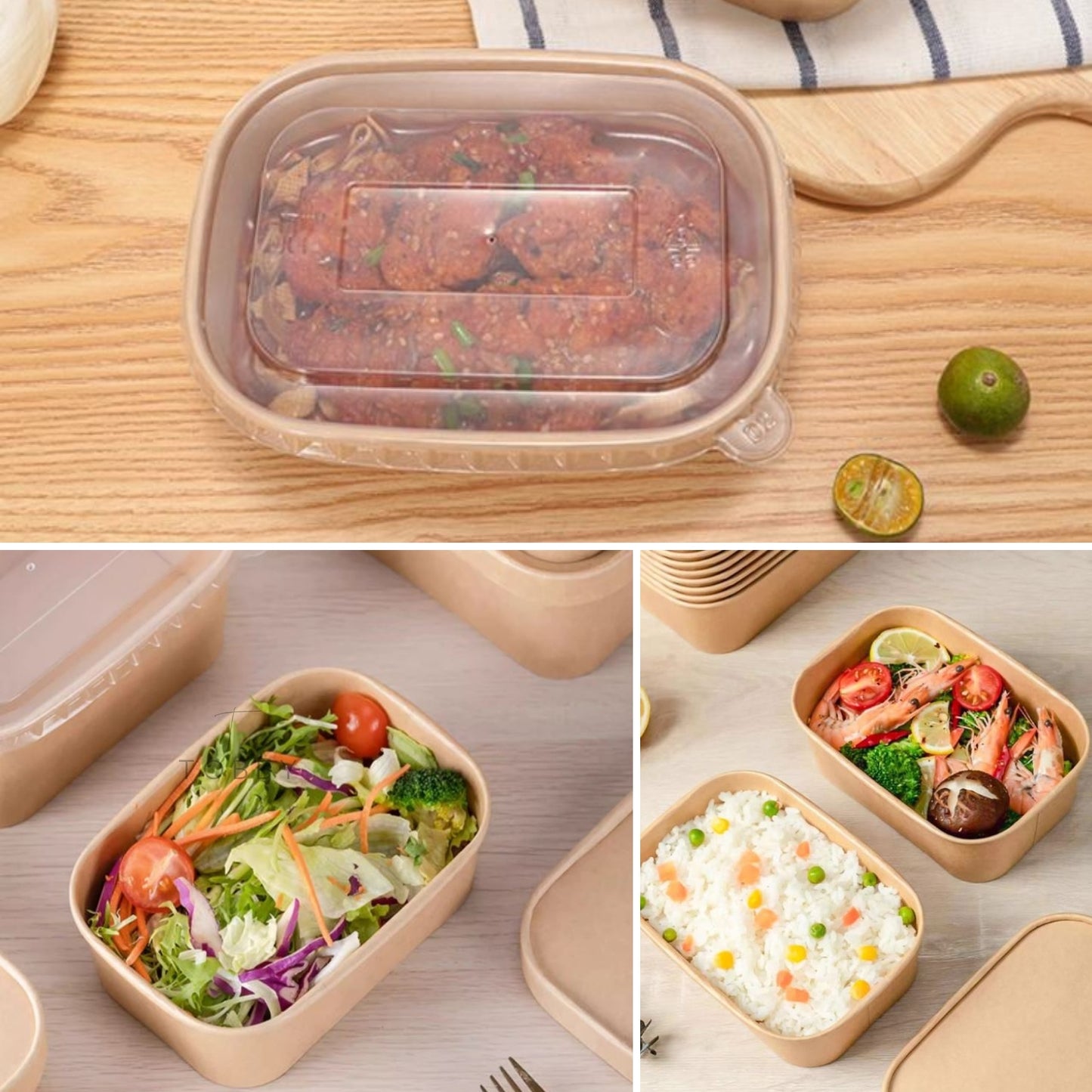 Ensaladera Cuadrada de Papel Kraft CON TAPA - Resiste Altas y Bajas Temperaturas (300 uds.)