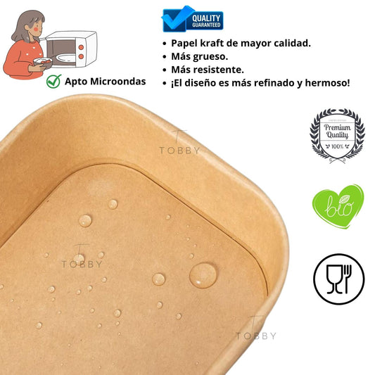Ensaladera Cuadrada de Papel Kraft CON TAPA - Resiste Altas y Bajas Temperaturas (300 uds.)