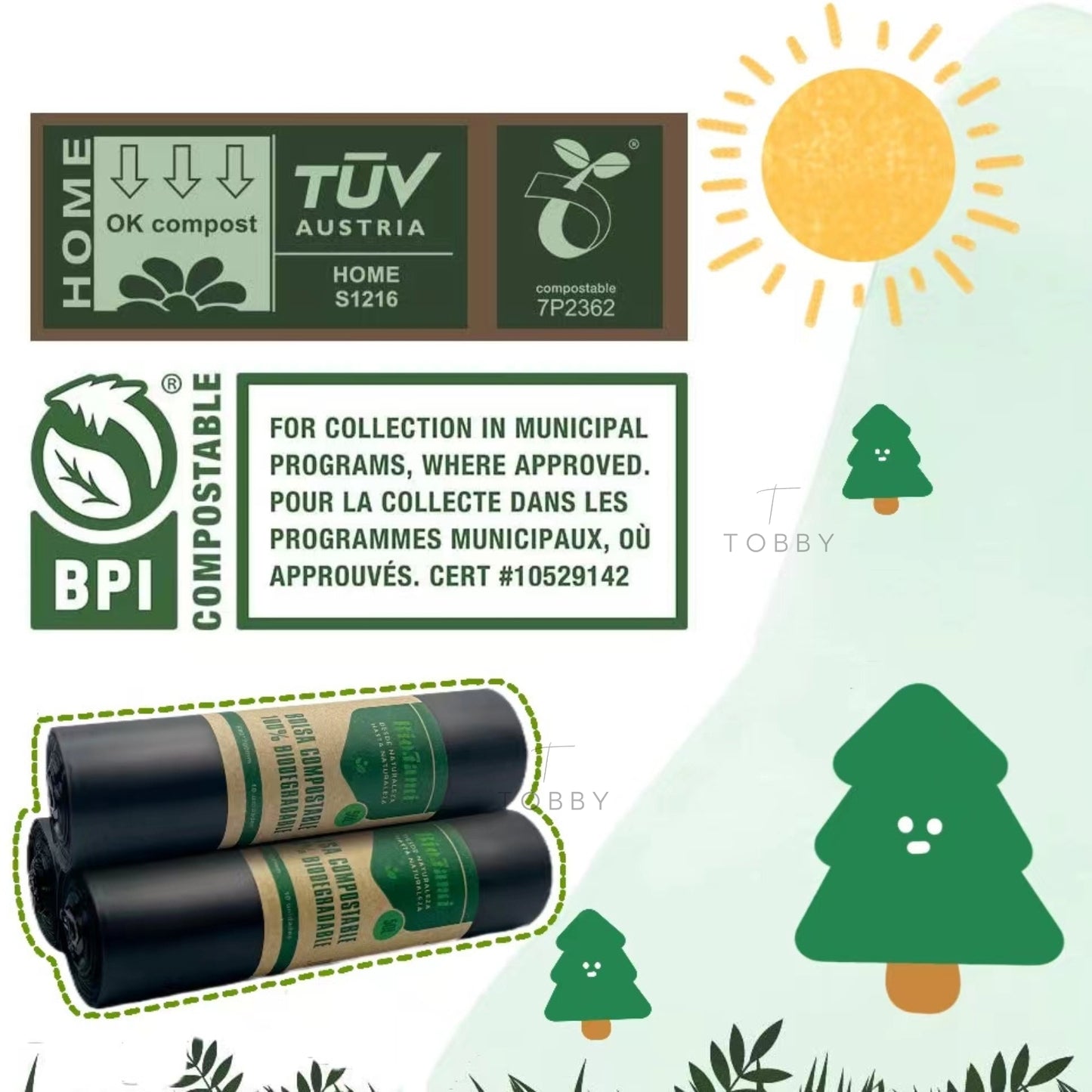 100% Bolsas Compostables Basura (180 Bolsas) - PREMIUM