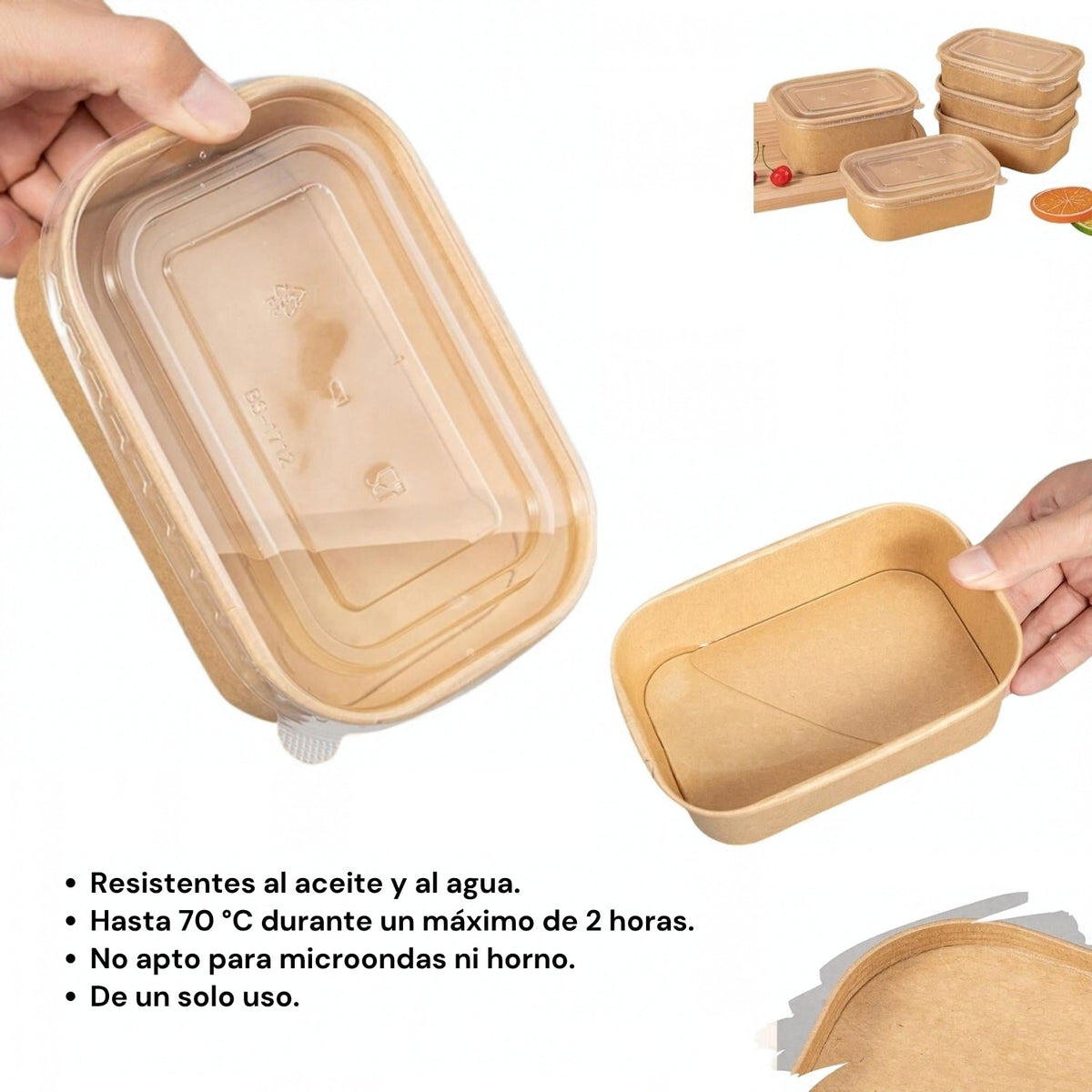 Ensaladera cuadrada de papel kraft con tapa y condiciones de uso