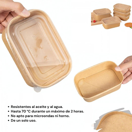 Ensaladera cuadrada de papel kraft con tapa y condiciones de uso