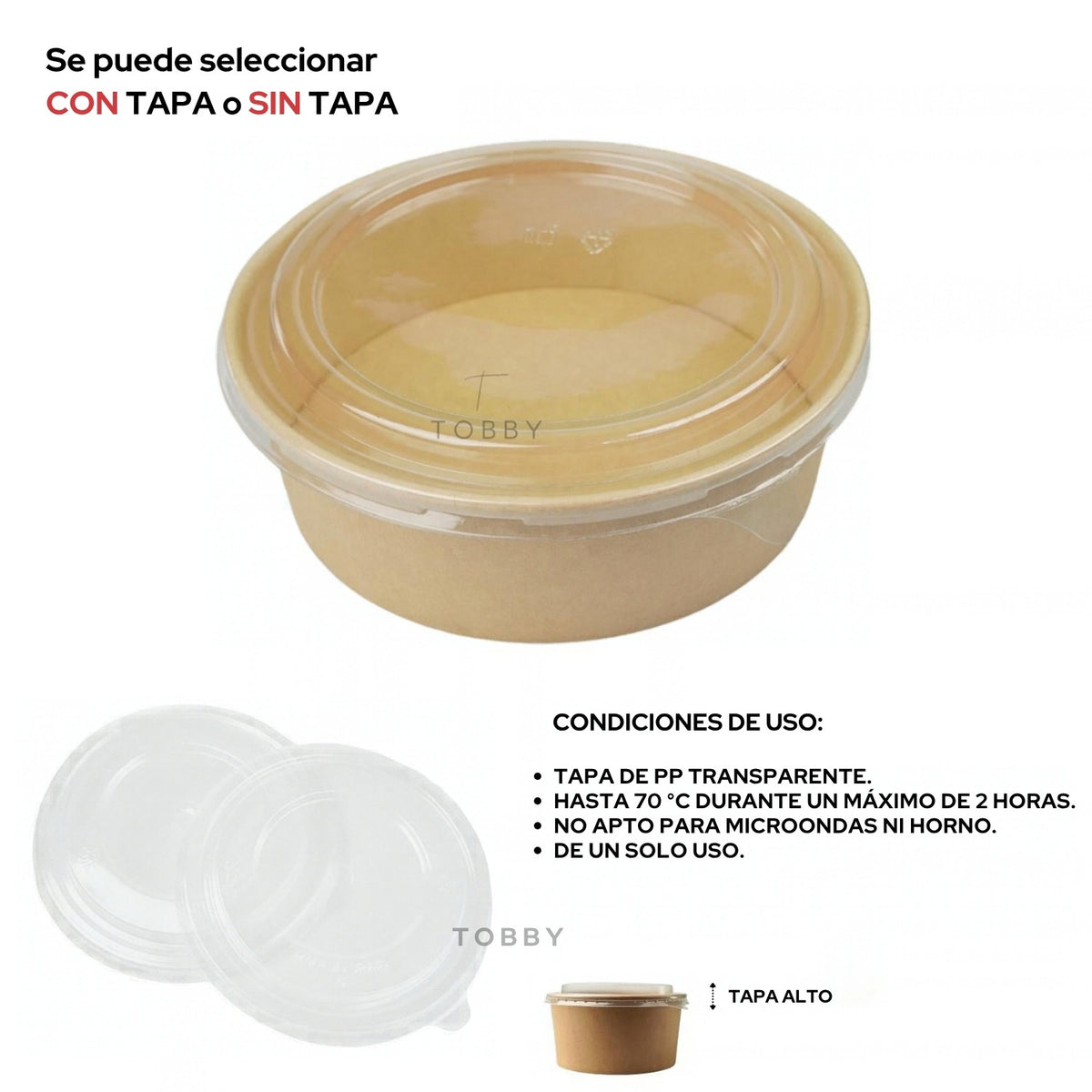 Ensaladera redonda de papel kraft con tapa de PP transparente y condiciones de uso