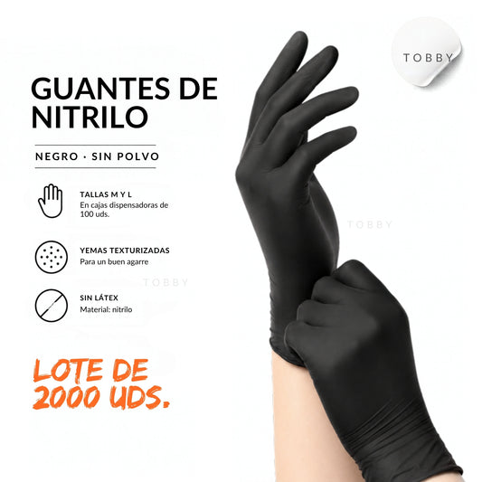 Guantes de nitrilo negro sin polvo, tallas M y L, lote de 2000 uds.